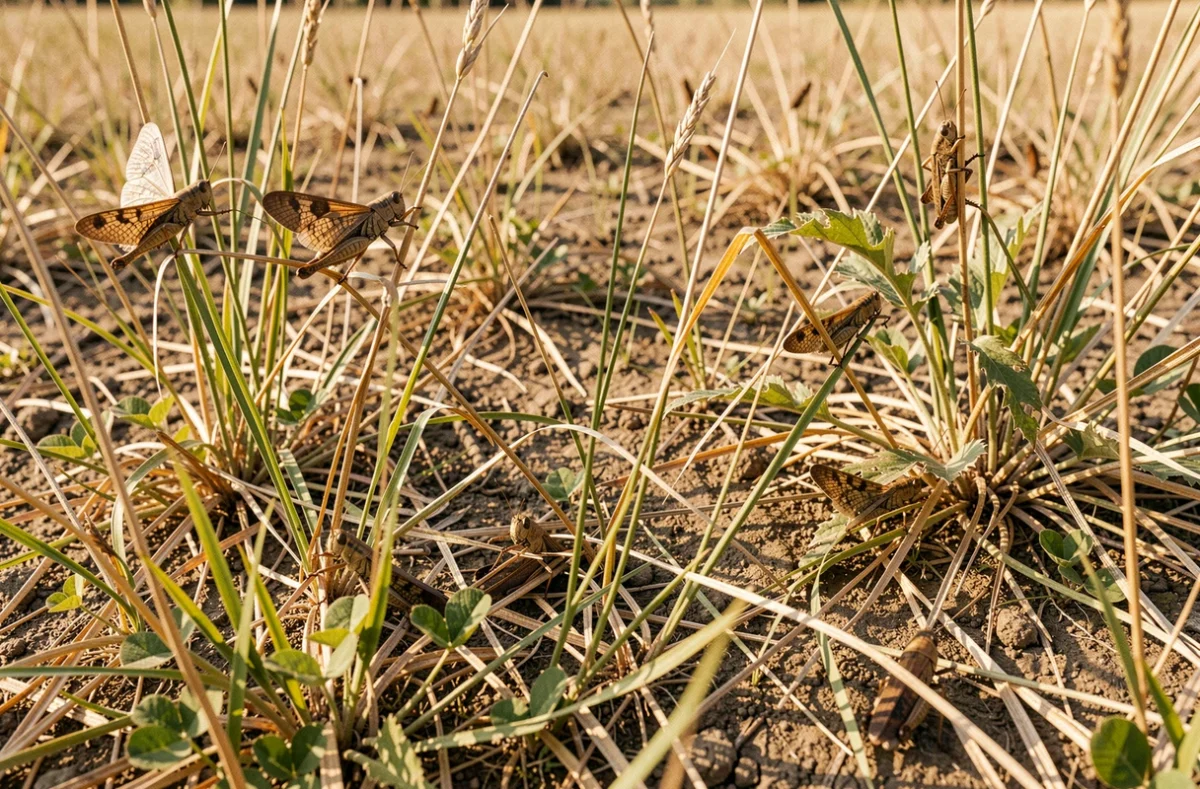 Essaim de criquets se nourrissant sur des herbes et des trèfles dans une prairie sèche en été
