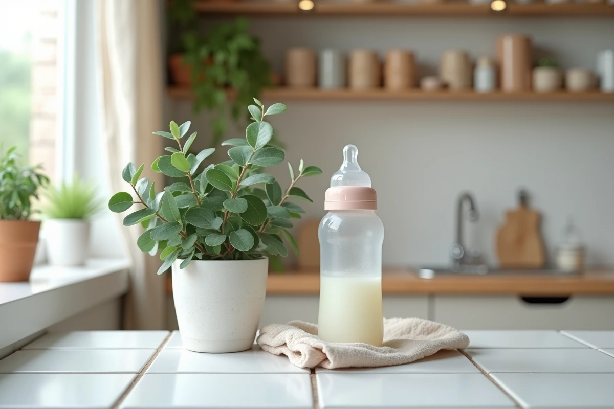 Plante d'eucalyptus en pot dans une cuisine familiale aux côtés d'accessoires de bébé pour un environnement sain et sans mouches