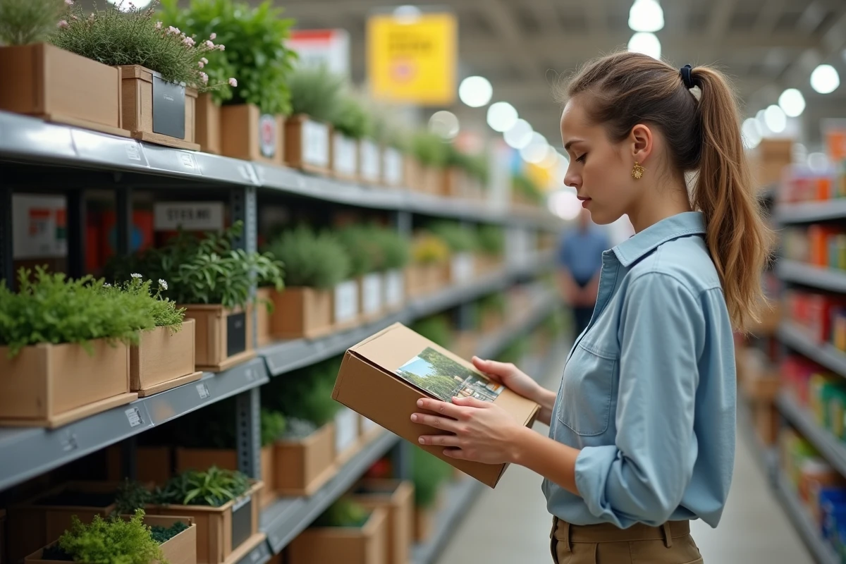 Femme examine un kit de jardinage en magasin