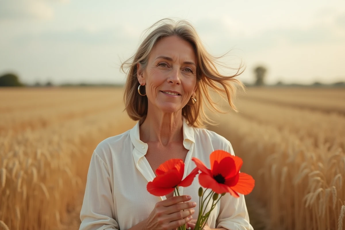 Femme tenant un bouquet de coquelicots rouges dans un champ de blé, symbole de mémoire et de renouveau