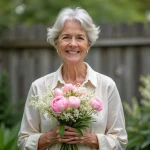 Femme souriante présentant un bouquet de lys et pivoines