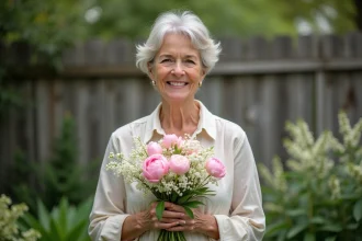Femme souriante présentant un bouquet de lys et pivoines
