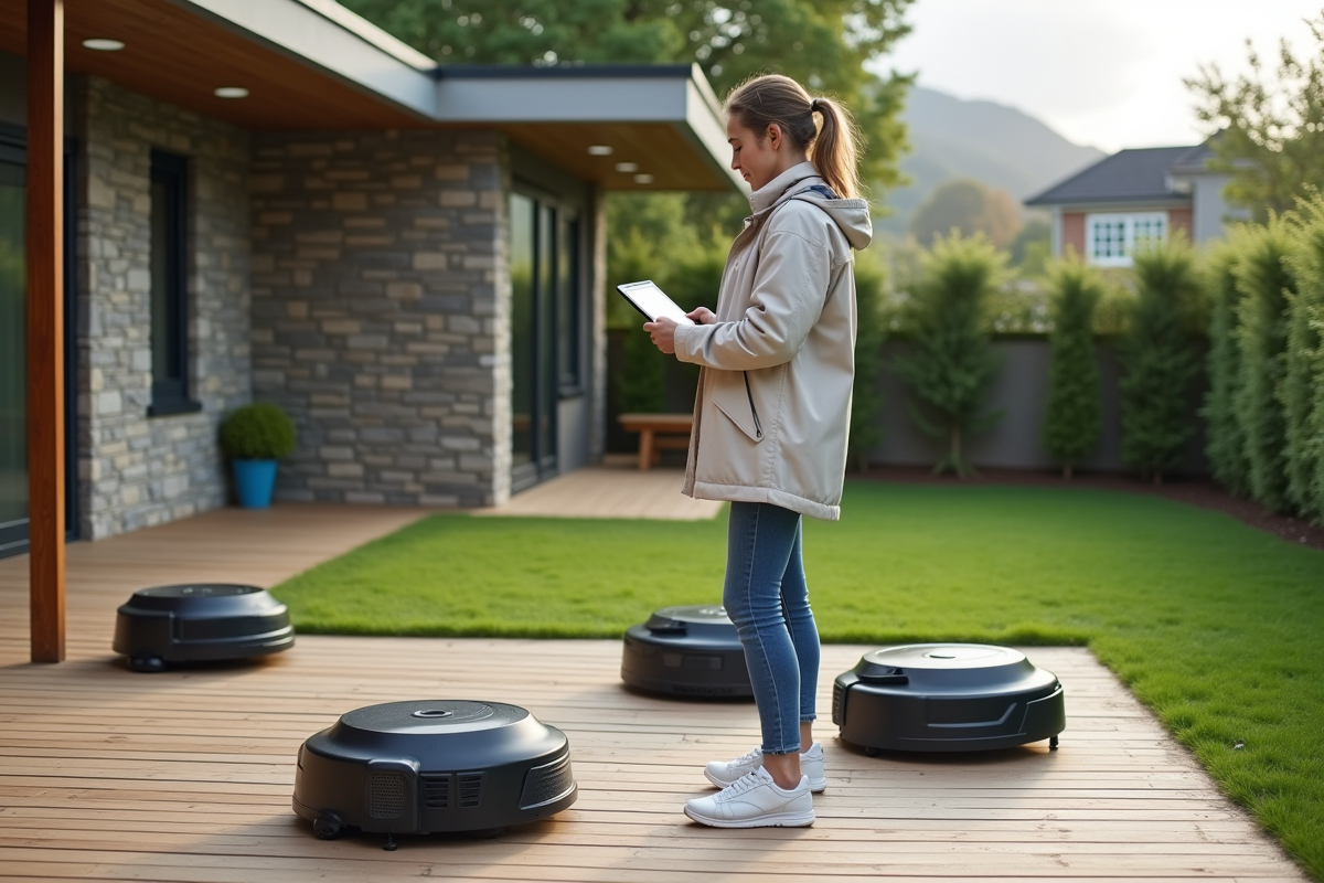 Femme vérifiant des données sur une tablette avec plusieurs robots tondeuses