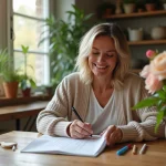 Femme souriante lisant un livre de mots croises dans la cuisine