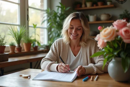 Femme souriante lisant un livre de mots croises dans la cuisine