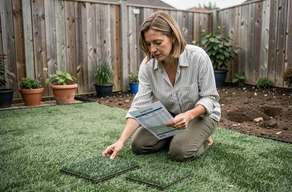 Femme comparant des échantillons de gazon synthétique dans un jardin en cours d'aménagement