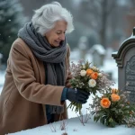 Femme âgée dépose des fleurs dans un cimetière enneigé