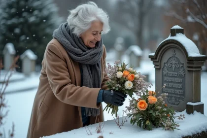 Femme âgée dépose des fleurs dans un cimetière enneigé