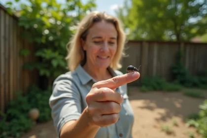Femme examinant un insecte sur son doigt dans un jardin