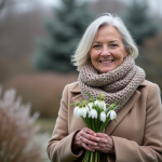 Femme souriante tenant des fleurs d'hiver dans un jardin