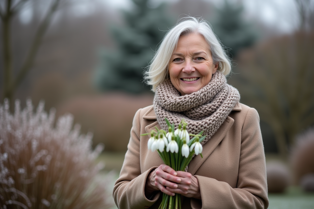 Femme souriante tenant des fleurs d'hiver dans un jardin
