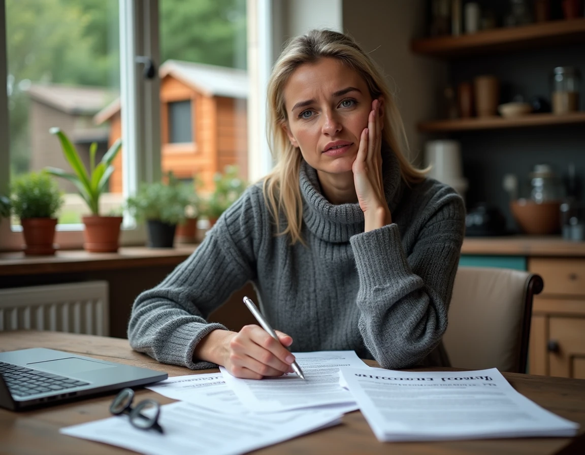 Femme remplissant des formulaires fiscaux à une table de cuisine avec un poulailler visible par la fenêtre, illustrant la déclaration obligatoire d'annexes imposables
