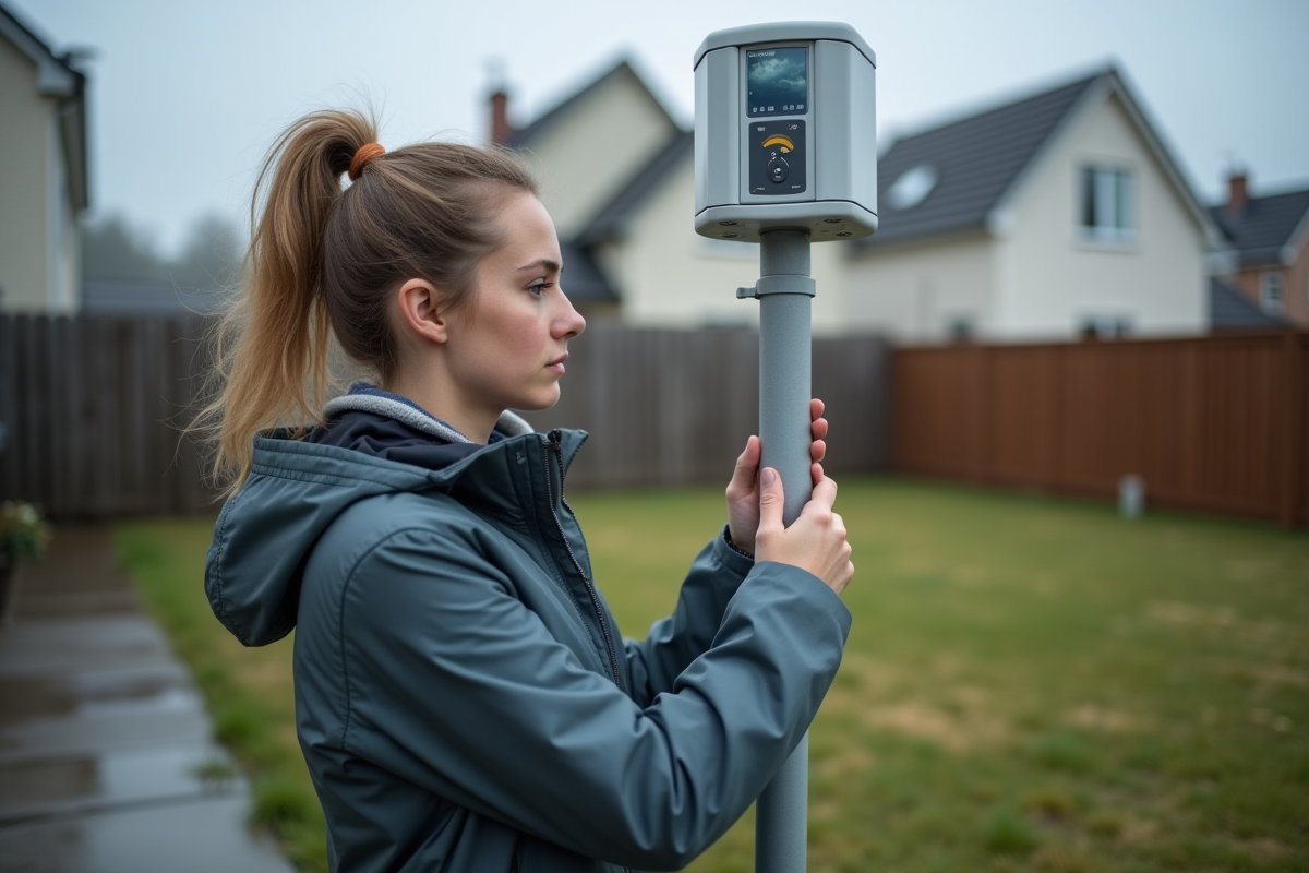 Jeune femme posant un capteur météo dans le jardin