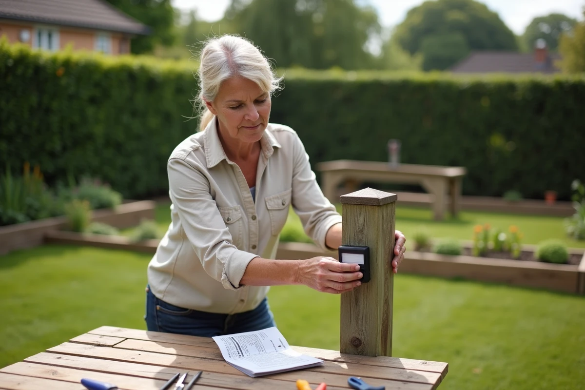 Femme installant elle-même un spot solaire LED extérieur sur un poteau de clôture dans son jardin