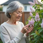 Femme en pull léger sentant un lilas dans son jardin