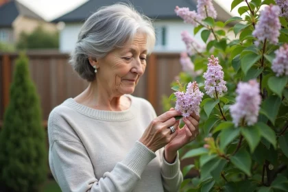 Femme en pull léger sentant un lilas dans son jardin