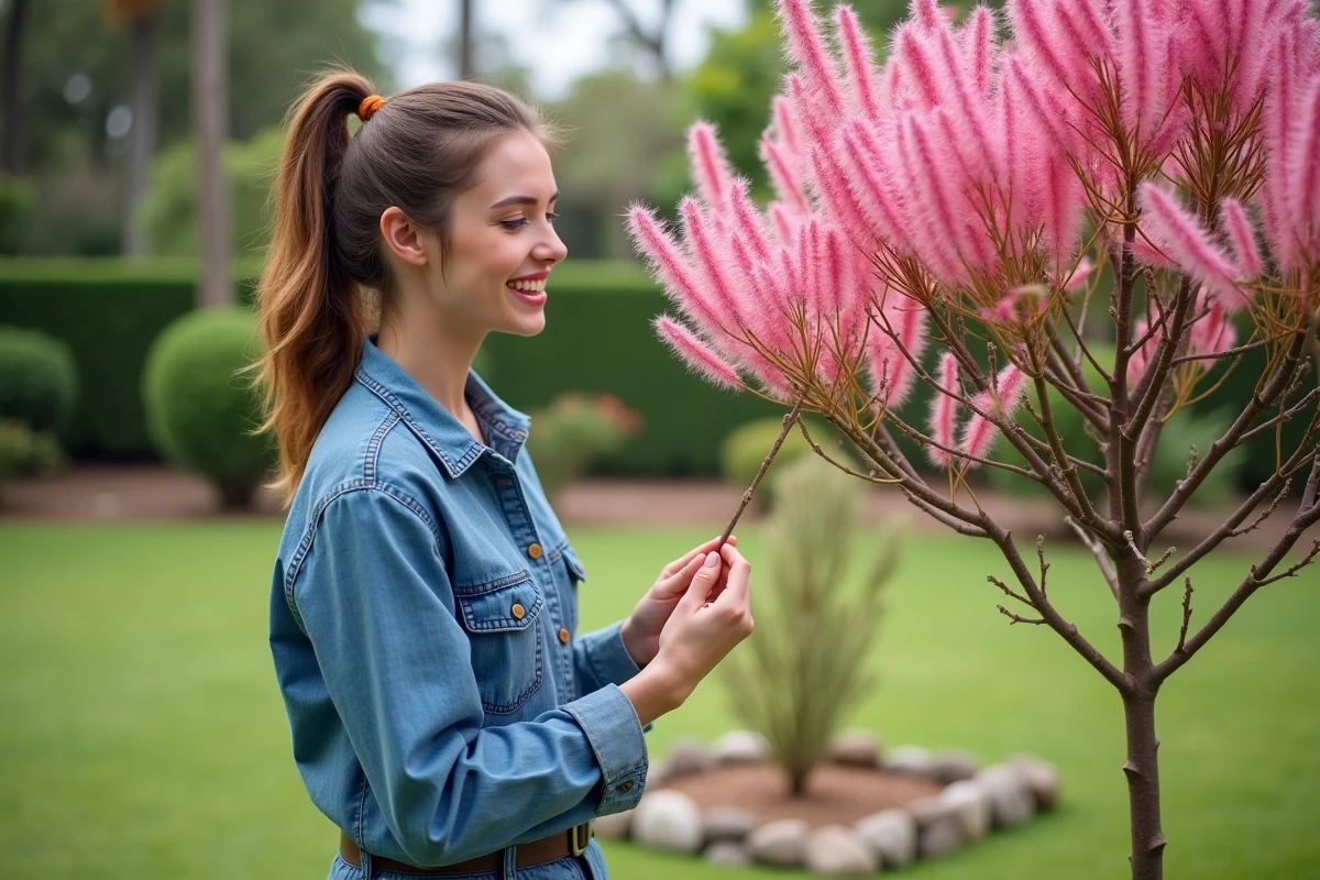 Jeune femme examinant les fleurs d