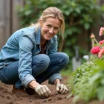 Femme jardinant observant une fourmiliere dans le jardin