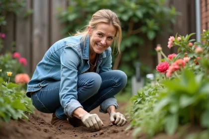 Femme jardinant observant une fourmiliere dans le jardin