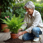 Femme en linen pressant du paillis autour d'une fougère sur un balcon