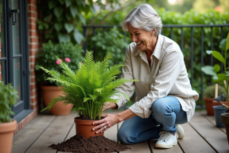 Femme en linen pressant du paillis autour d'une fougère sur un balcon