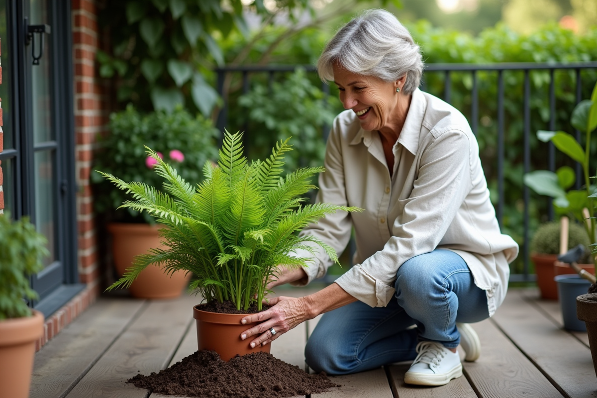 Femme en linen pressant du paillis autour d'une fougère sur un balcon