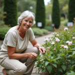 Femme d'âge moyen dans un jardin botanique verdoyant