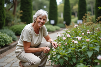 Femme d'âge moyen dans un jardin botanique verdoyant
