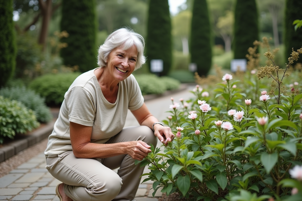Femme d'âge moyen dans un jardin botanique verdoyant