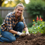 Femme en jardinage avec compost et terre