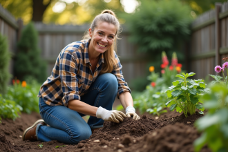 Femme en jardinage avec compost et terre