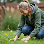 Femme en jeans et veste verte dans son jardin naturel