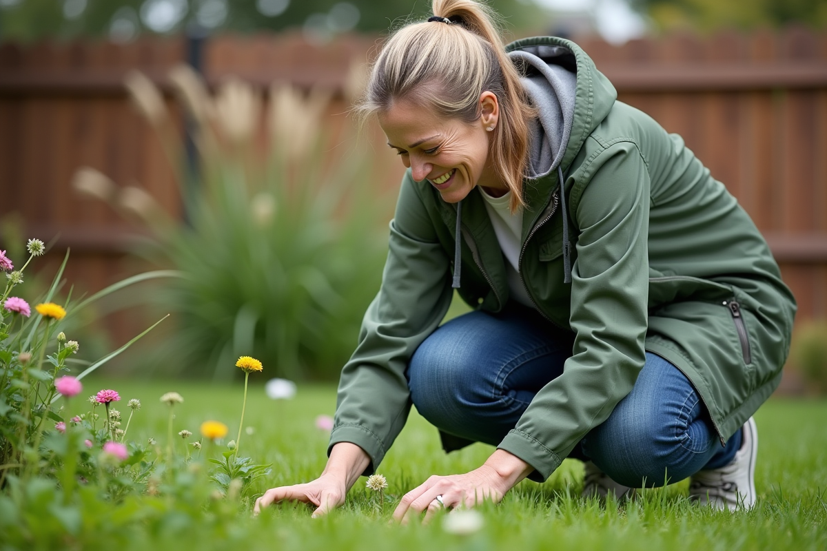 Femme en jeans et veste verte dans son jardin naturel