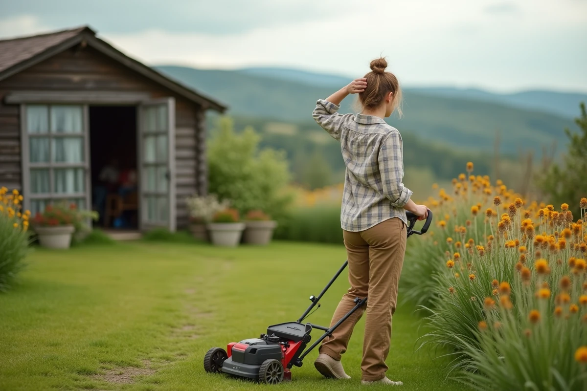 Jeune femme en extérieur faisant une pause en tondant la pelouse