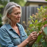 Femme examinant des feuilles brunes sur un arbuste Geraldton Wax