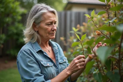 Femme examinant des feuilles brunes sur un arbuste Geraldton Wax