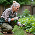 Femme au jardin appliquant un spray aux herbes sur des orties