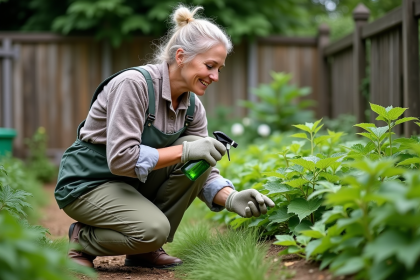 Femme au jardin appliquant un spray aux herbes sur des orties