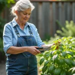 Femme inspectant un basilic dans son jardin en été