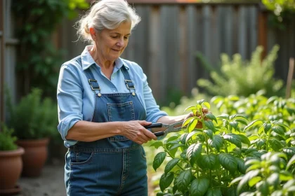 Femme inspectant un basilic dans son jardin en été