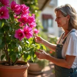 Femme inspectant un bougainvillea sur balcon ensoleille