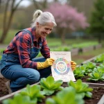 Femme en salopette consultante un calendrier lunaire dans le jardin