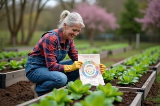 Femme en salopette consultante un calendrier lunaire dans le jardin