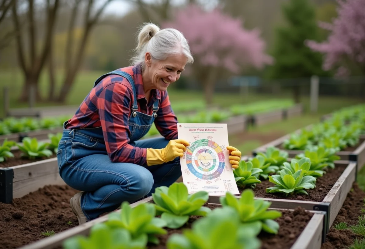Femme en salopette consultante un calendrier lunaire dans le jardin