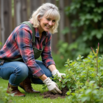 Femme en jeans et chemise à carreaux dans le jardin en train d'arracher des épinards à la main