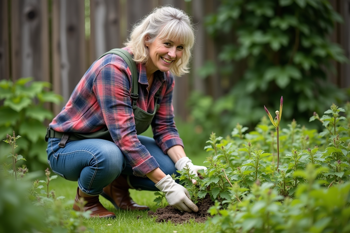 Femme en jeans et chemise à carreaux dans le jardin en train d'arracher des épinards à la main