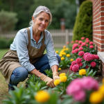 Femme en jardinage près d'une maison en briques avec fleurs colorées