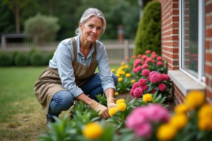 Femme en jardinage près d'une maison en briques avec fleurs colorées