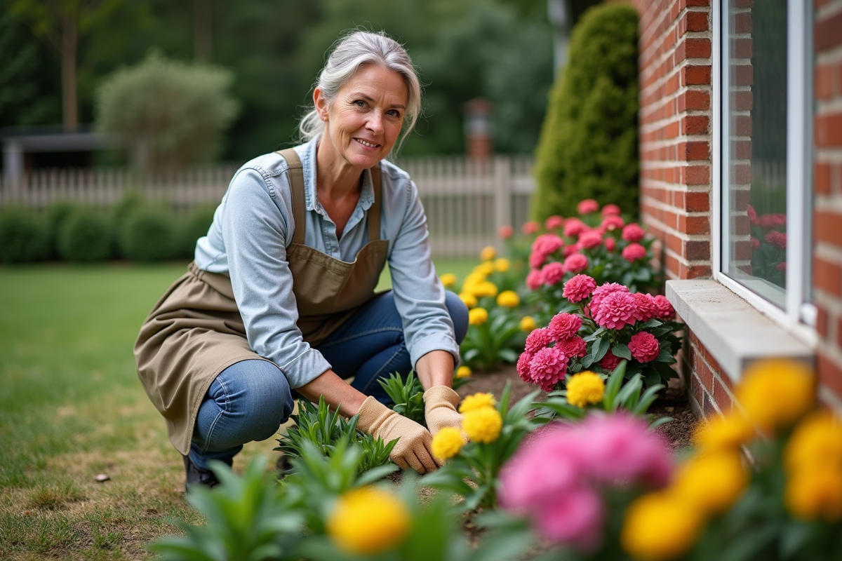 Femme en jardinage près d'une maison en briques avec fleurs colorées