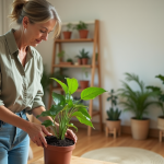 Femme jardinant dans un salon lumineux et moderne
